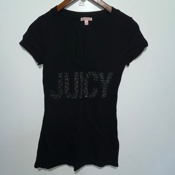 Juicy Couture Tops - Juicy Couture Women's Black Embellished Cotton Blend V-Neck T-Shirt Size XS